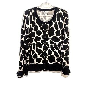 Nygard Collection Cardigan L 14-16 Giraffe Animal Print Black Cream Snap Front